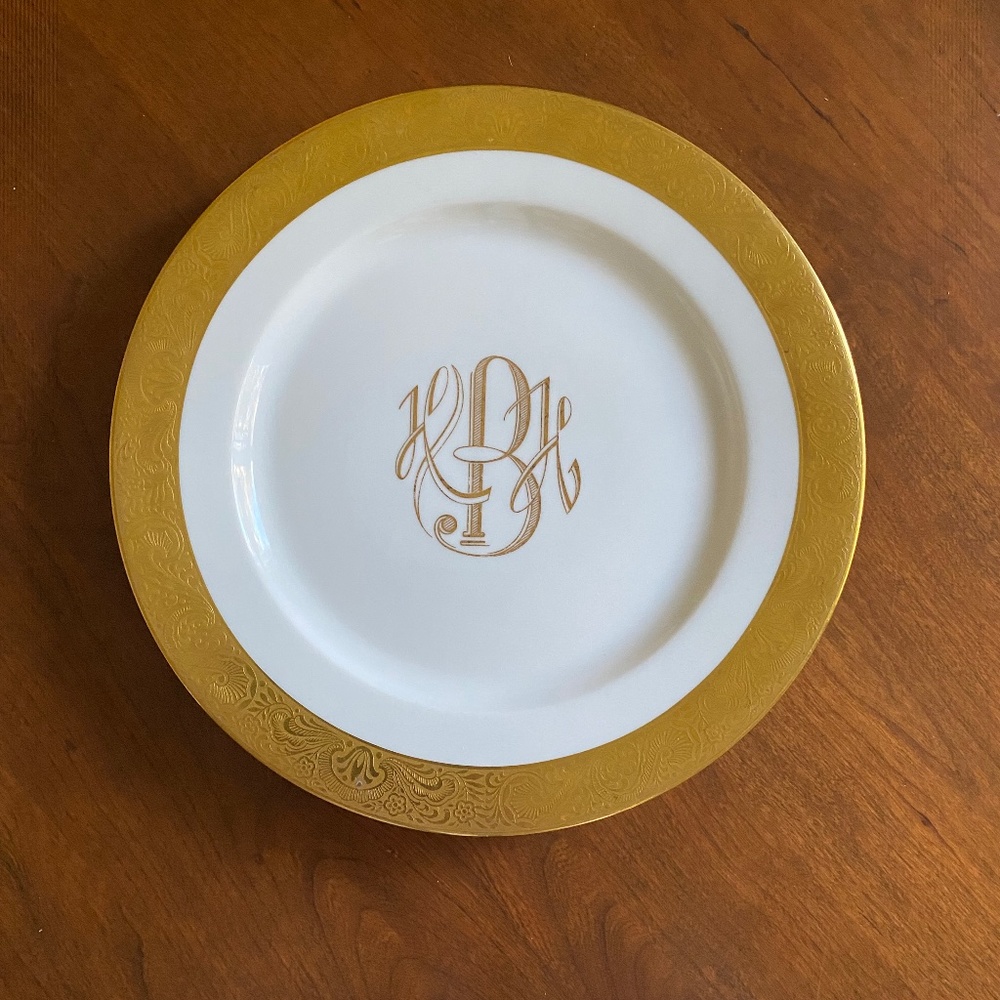 Six (6) fine white bone china plates (chargers) with 22K gold banding